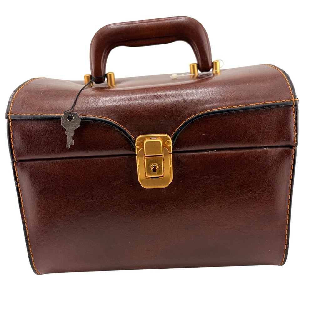 BENTONY Brown Leather Train Case Vanity Box OS Vintage Retro Travel Makeup Bag